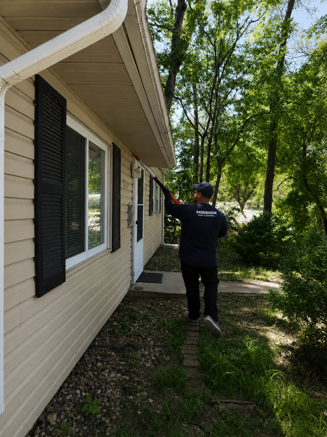 Mission Pest Control technician performing exterior residential pest service