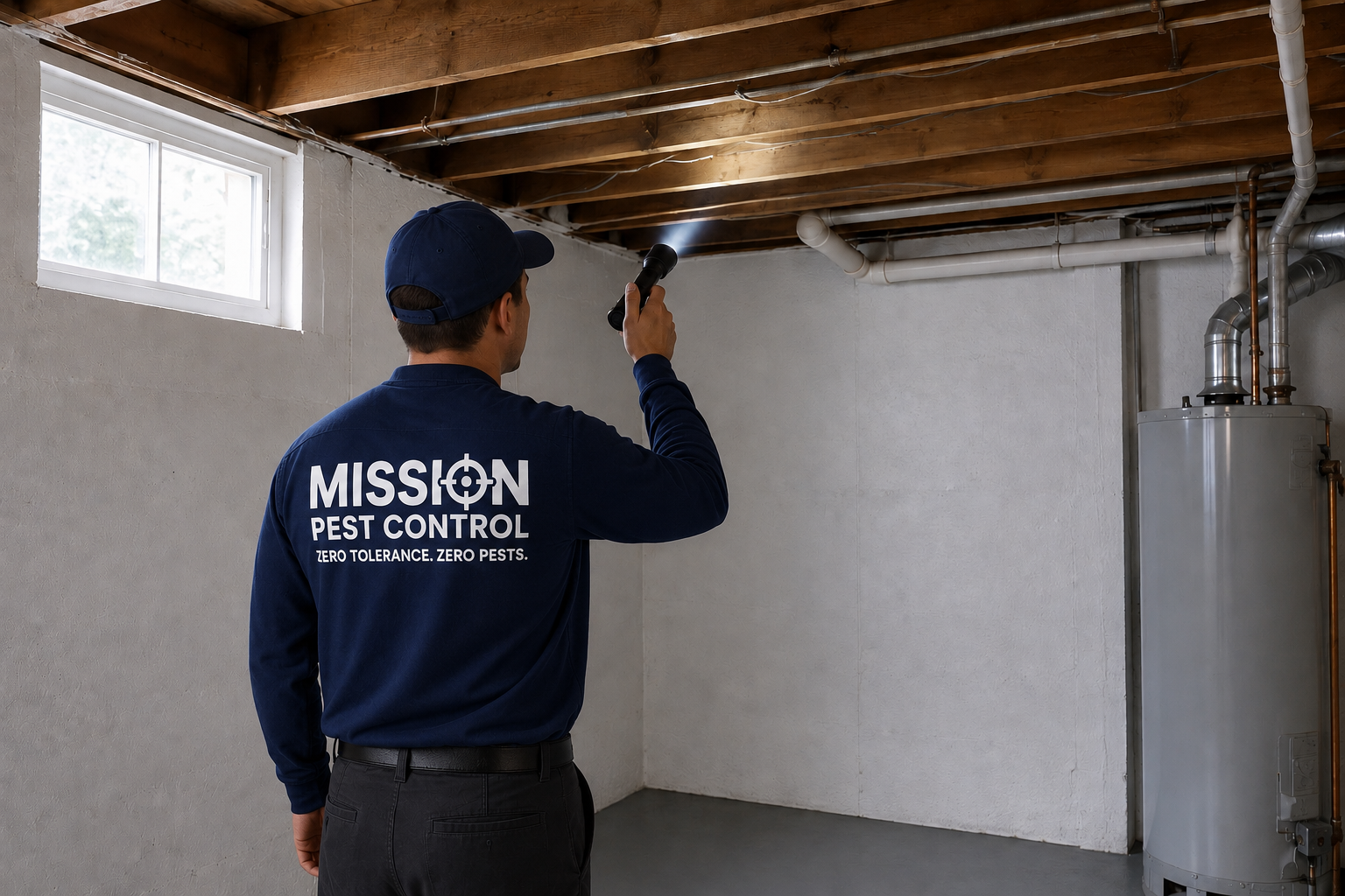Mission Pest Control technician inspecting an unfinished basement with a flashlight