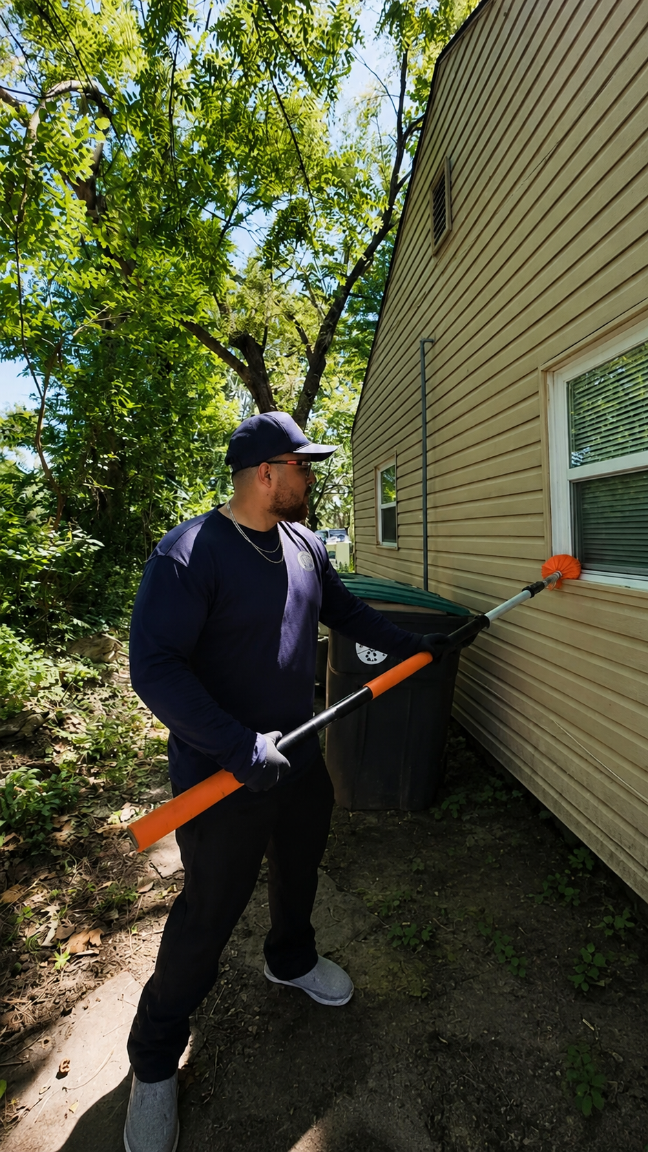 Mission Pest Control technician removing webs and pest harborages around a residential window