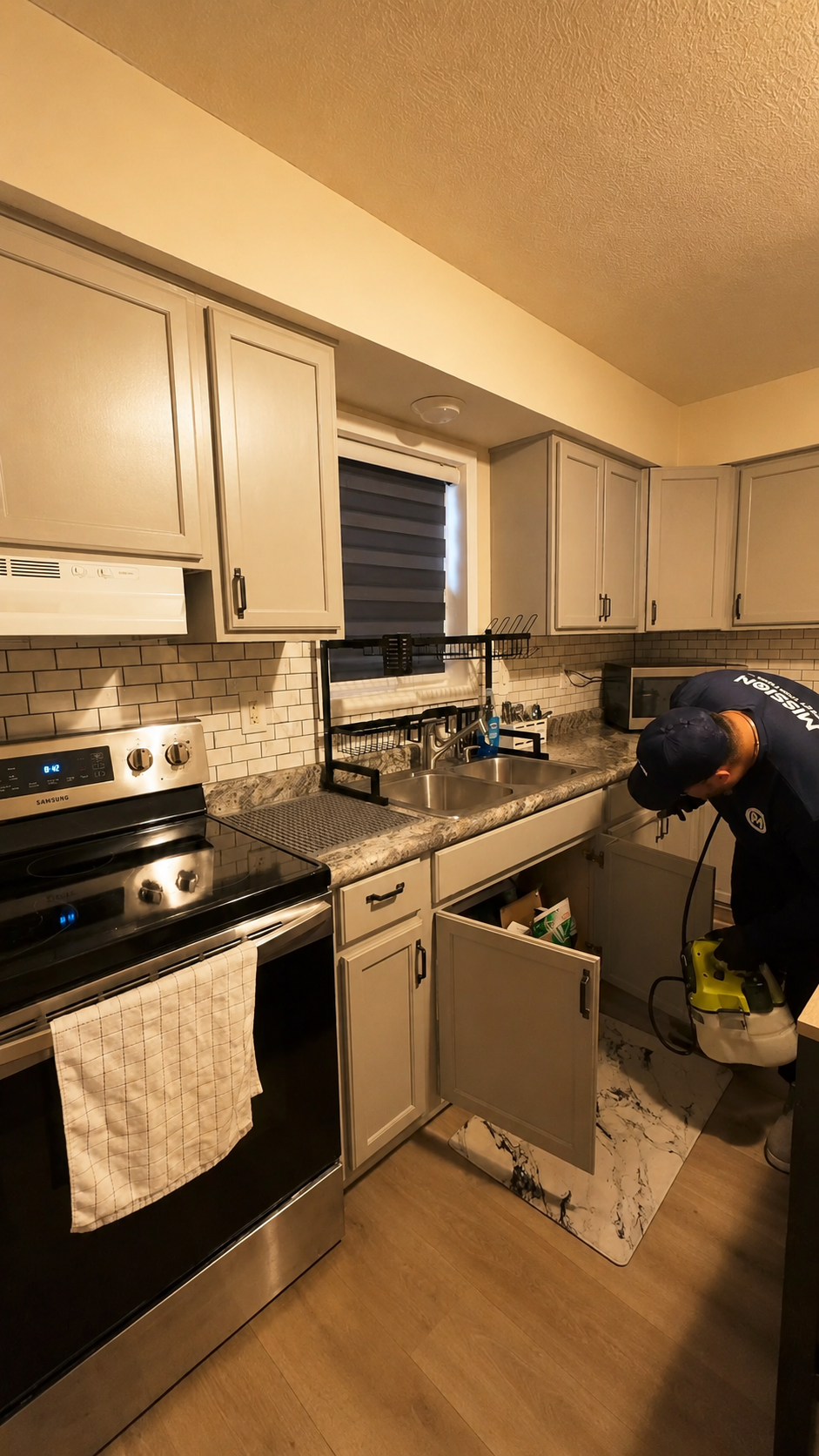 Mission Pest Control technician treating accessible cabinet and plumbing areas in a residential kitchen