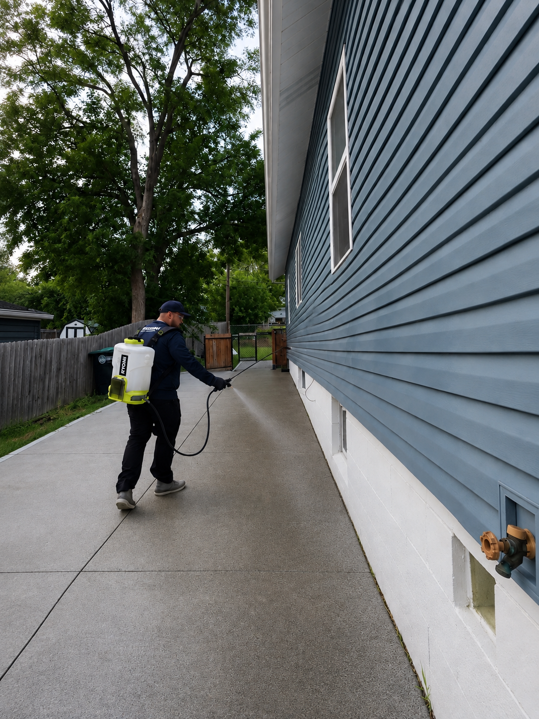 Mission Pest Control technician applying an exterior perimeter treatment to a residential property